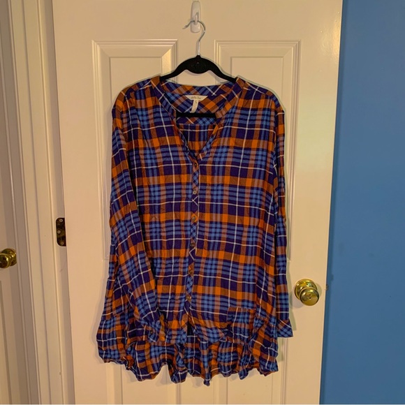 Matilda Jane women’s size extra large orange blue white plaid button down shirt - Picture 1 of 9